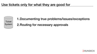 Use tickets only for what they are good for
1.Documenting true problems/issues/exceptions
2.Routing for necessary approvals
Ticket
System
 