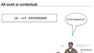 All work is contextual
rm -rf $PATHNAME Is this dangerous?
John
Allspaw
DevOps Enterprise Summit
San Francisco 2017
 