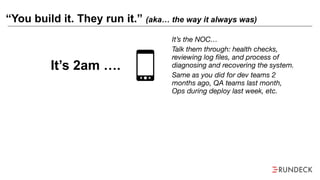 “You build it. They run it.” (aka… the way it always was)
It’s 2am ….
It’s 2pm ….
It’s the NOC…
Talk them through: health checks,
reviewing log files, and process of
diagnosing and recovering the system.
Same as you did for dev teams 2
months ago, QA teams last month,
Ops during deploy last week, etc.
 