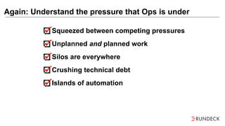 Squeezed between competing pressures
Unplanned and planned work
Silos are everywhere
Crushing technical debt
Islands of automation
Again: Understand the pressure that Ops is under
 