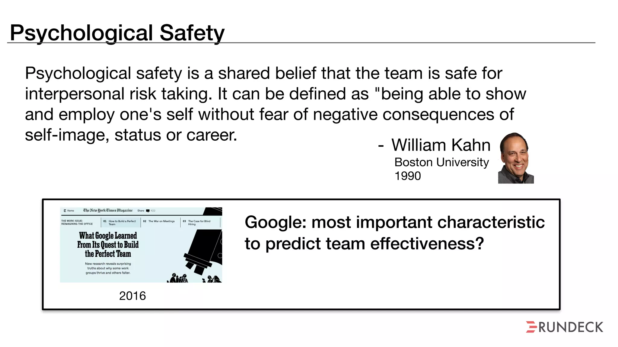 Psychological Safety
Psychological safety is a shared belief that the team is safe for
interpersonal risk taking. It can be defined as "being able to show
and employ one's self without fear of negative consequences of
self-image, status or career.
- William Kahn

Boston University

1990
Google: most important characteristic
to predict team effectiveness?
2016
 
