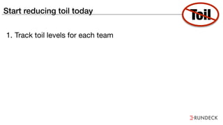 Start reducing toil today
1. Track toil levels for each team
Toil
 