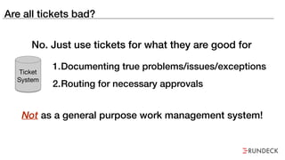 Are all tickets bad?
1.Documenting true problems/issues/exceptions
2.Routing for necessary approvals
Not as a general purpose work management system!
Ticket
System
No. Just use tickets for what they are good for
 