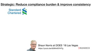 Strategic: Reduce compliance burden & improve consistency
Shaun Norris at DOES ‘18 Las Vegas
https://youtu.be/d5IMvK0YHTg
 