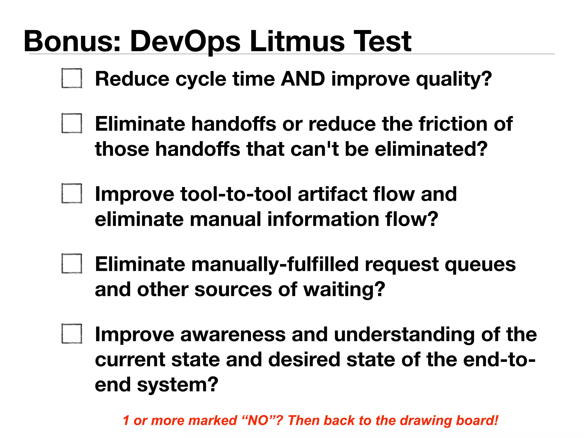 Bonus: DevOps Litmus Test 
1 or more marked “NO”? Then back to the drawing board! 
 