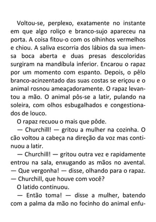 Voltou-se, perplexo, exatamente no instante
em que algo roliço e branco-sujo apareceu na
porta. A coisa fitou-o com os olhinhos vermelhos
e chiou. A saliva escorria dos lábios da sua imensa boca aberta e duas presas descoloridas
surgiram na mandíbula inferior. Encarou o rapaz
por um momento com espanto. Depois, o pêlo
branco-acinzentado das suas costas se eriçou e o
animal rosnou ameaçadoramente. O rapaz levantou a mão. O animal pôs-se a latir, pulando na
soleira, com olhos esbugalhados e congestionados de louco.
O rapaz recuou o mais que pôde.
— Churchill! — gritou a mulher na cozinha. O
cão voltou a cabeça na direção da voz mas continuou a latir.
— Churchill! — gritou outra vez e rapidamente
entrou na sala, enxugando as mãos no avental.
— Que vergonha! — disse, olhando para o rapaz.
— Churchill, que houve com você?
O latido continuou.
— Então toma! — disse a mulher, batendo
com a palma da mão no focinho do animal enfu-

 