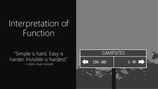 Interpretation of
Function
“Simple is hard. Easy is
harder. Invisible is hardest.”
— Jean-Louis Gassée
CAMPSITES
1-36150-180
 