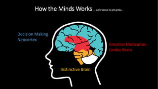 How the Minds Works … we’re about to get geeky…
Instinctive Brain
Emotion Motivation
Limbic Brain
Decision Making
Neocortex
 