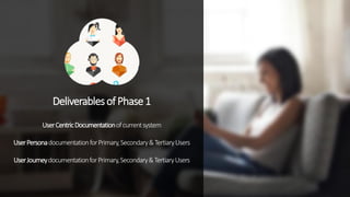 DeliverablesofPhase1
UserCentricDocumentationofcurrentsystem
UserPersonadocumentationforPrimary,Secondary&TertiaryUsers
UserJourneydocumentationforPrimary,Secondary&TertiaryUsers
 