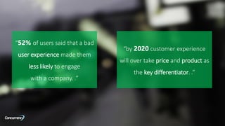 “52% of users said that a bad
user experience made them
less likely to engage
with a company. 2”
“by 2020 customer experience
will over take price and product as
the key differentiator. 9”
 