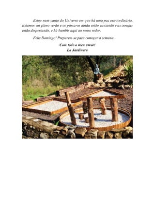 Estou num canto do Universo em que há uma paz extraordinária.
Estamos em pleno verão e os pássaros ainda estão cantando e as corujas
estão despertando, e há bambis aqui ao nosso redor.
Feliz Domingo! Preparem-se para começar a semana.
Com todo o meu amor!
La Jardinera
 