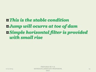 This is the stable condition
Jump will ocurrs at toe of dam
Simple horizontal filter is provided
with small rise
17/2/2014
PREPARED BY V.H.
KHOKHANI,ASSISTANT PROFESSOR,
DIET.
14
 