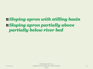 Sloping apron with stilling basin
Sloping apron partially above
partially below river bed
17/2/2014
PREPARED BY V.H.
KHOKHANI,ASSISTANT PROFESSOR,
DIET.
24
 