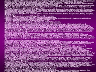 • Isomethylionone, 2-Isopropylphenol, Isovaleric Acid, Jasmine Absolute, Concrete and Oil, Kola Nut Extract, Labdanum
Absolute and Oleoresin, Lactic Acid, Lauric Acid, Lauric Aldehyde, Lavandin Oil, Lavender Oil, Lemon Oil and Extract,
Lemongrass Oil, 1-Leucine, Levulinic Acid, Licorice Root, Fluid, Extract and Powder, Lime Oil , Linalool,
Linalool<BR>Oxide, Linalyl Acetate, Linden Flowers, Lovage Oil And Extract, 1-Lysine, Mace Powder, Extract and Oil ,
Magnesium Carbonate, Malic Acid, Malt and Malt Extract, Maltodextrin,
Maltol, Maltyl Isobutyrate, Mandarin Oil, Maple Syrup and Concentrate, Mate Leaf, Absolute and Oil,<BR>para-Mentha-
8-Thiol-3-One, Menthol, Menthone,Menthyl Acetate, dl-Methionine,<BR>Methoprene, 2-Methoxy-4-Methylphenol, 2-
Methoxy-4-Vinylphenol, para-Methoxybenzaldehyde,
1-(para-Methoxyphenyl)-1-Penten-3-One, 4-(para-Methoxyphenyl)-2-Butanone, 1-(para-Methoxyphenyl)-2-Propanone,
Methoxypyrazine, Methyl 2-Furoate, Methyl 2-Octynoate, Methyl 2-Pyrrolyl Ketone, Methyl Anisate, Methyl Anthranilate,
Methyl Benzoate, Methyl<BR>Cinnamate, Methyl Dihydrojasmonate, Methyl Ester of Rosin, P artially Hydrogenated,
Methyl Isovalerate, Methyl Linoleate (48%),
Methyl Linolenate (52%) Mixture, Methyl Naphthyl Ketone, Methyl Nicotinate, Methyl Phenylacetate, Methyl Salicylate,
Methyl Sulfide,
3-Methyl-1-Cyclopentadecanone, 4-Methyl-1-Phenyl-2-Pentanone,
5-Methyl-2-Phenyl-2-Hexenal, 5-Methyl-2-Thiophenecarboxaldehyde,
6-Methyl-3,-5-Heptadien-2-One, 2-Methyl-3-(para-Isopropylphenyl)<BR>Propionaldehyde, 5-Methyl-3-Hexen-2-One,
1-Methyl-3Methoxy-4-Isopropylbenzene, 4-Methyl-3-Pentene-2-One,
2-Methyl-4-Phenylbutyraldehyde, 6-Methyl-5-Hepten-2-One,
4-Methyl-5-Thiazoleethanol,4-Methyl-5-Vinylthiazole, Methyl-alpha-Ionone,
Methyl-trans-2-Butenoic Acid, 4-Methylacetophenone, para-Methylanisole,
alpha-Methylbenzyl Acetate, alpha-Methylbenzyl Alcohol, 2-Methylbutyraldehyde, 3-Methylbutyraldehyde, 2-
Methylbutyric Acid,<BR>alpha-Methylcinnamaldehyde, Methylcyclopentenolone, 2-Methylheptanoic Acid,<BR>2-
Methylhexanoic Acid, 3-Methylpentanoic Acid, 4-Methylpentanoic Acid, 2-Methylpyrazine, 5-Methylquinoxaline, 2-
Methyltetrahydrofuran-3-One, (Methylthio)Methylpyrazine (Mixture Of Isomers), 3-Methylthiopropionaldehyde, Methyl
3-Methylthiopropionate, 2-Methylvaleric Acid, Mimosa Absolute and Extract, Molasses Extract and Tincture, Mountain
Maple Solid Extract, Mullein Flowers, Myristaldehyde, Myristic Acid, Myrrh Oil, beta-Napthyl Ethyl Ether, Nerol, Neroli
Bigarde Oil, Nerolidol, Nona-2-trans,6-cis-Dienal, 2,6-Nonadien-1-Ol, gamma-Nonalactone, Nonanal, Nonanoic Acid,
Nonanone, trans-2-Nonen-1-Ol,
2-Nonenal, Nonyl Acetate, Nutmeg Powder and Oil, Oak Chips Extract and Oil,Oak Moss Absolute, 9,12-
Octadecadienoic Acid (48%) And 9,12,15-Octadecatrienoic Acid (52%), delta-Octalactone, gamma-Octalactone,
Octanal, Octanoic Acid, 1-Octanol, 2-Octanone, 3-Octen-2-One, 1-Octen-3-Ol, 1-Octen-3-Yl Acetate, 2-Octenal, Octyl
Isobutyrate, Oleic Acid , Olibanum Oil, Opoponax Oil And Gum, Orange Blossoms Water, Absolute, and Leaf Absolute,
Orange Oil and Extract, Origanum Oil, Orris Concrete Oil and Root Extract, Palmarosa Oil, Palmitic Acid, Parsley Seed
Oil,
Patchouli Oil, omega-Pentadecalactone, 2,3-Pentanedione, 2-Pentanone,
4-Pentenoic Acid, 2-Pentylpyridine, Pepper Oil, Black And White, Peppermint Oil, Peruvian (Bois De Rose) Oil,
Petitgrain Absolute, Mandarin Oil and Terpeneless Oil, alpha-Phellandrene, 2-Phenenthyl Acetate, Phenenthyl Alcohol,
Phenethyl Butyrate, Phenethyl Cinnamate, Phenethyl Isobutyrate, Phenethyl Isovalerate, Phenethyl Phenylacetate,
Phenethyl Salicylate, 1-Phenyl-1-Propanol, 3-Phenyl-1-Propanol, 2-Phenyl-2-Butenal,
4-Phenyl-3-Buten-2-Ol,4-Phenyl-3-Buten-2-One, Phenylacetaldehyde, Phenylacetic Acid, 1-Phenylalanine, 3-
Phenylpropionaldehyde, 3-Phenylpropionic Acid, 3-Phenylpropyl Acetate, 3-Phenylpropyl Cinnamate,
2-(3-Phenylpropyl)Tetrahydrofuran, Phosphoric Acid, Pimenta Leaf Oil, Pine Needle Oil, Pine Oil, Scotch, Pineapple
Juice Concentrate, alpha-Pinene, beta-Pinene, D-Piperitone, Piperonal, Pipsissewa Leaf Extract, Plum Juice,
Potassium Sorbate, 1-Proline, Propenylguaethol, Propionic Acid, Propyl Acetate, Propyl para-Hydroxybenzoate,
Propylene Glycol, 3-Propylidenephthalide, Prune Juice and Concentrate, Pyridine, Pyroligneous Acid And Extract,
Pyrrole, Pyruvic Acid, Raisin Juice Concentrate, Rhodinol, Rose Absolute and Oil, Rosemary Oil, Rum, Rum Ether, Rye
Extract, Sage, Sage Oil, and Sage Oleoresin, Salicylaldehyde, Sandalwood Oil, Yellow, Sclareolide, Skatole, Smoke
Flavor, Snakeroot Oil, Sodium Acetate, Sodium Benzoate, Sodium Bicarbonate, Sodium Carbonate, Sodium Chloride,
Sodium Citrate, Sodium Hydroxide,Solanone, Spearmint
Oil, Styrax Extract, Gum and Oil, Sucrose Octaacetate, Sugar Alcohols, Sugars, Tagetes Oil, Tannic Acid, Tartaric
Acid, Tea Leaf and Absolute, alpha-Terpineol, Terpinolene, Terpinyl Acetate, 5,6,7,8-Tetrahydroquinoxaline, 1,5,5,9-
Tetramethyl-13-Oxatricyclo(8.3.0.0(4,9))Tridecane, 2,3,4,5, and 3,4,5,6-Tetramethylethyl-Cyclohexanone, 2,3,5,6-
Tetramethylpyrazine, Thiamine
Hydrochloride, Thiazole, 1-Threonine, Thyme Oil, White and Red, Thymol, Tobacco Extracts, Tochopherols (mixed),
Tolu Balsam Gum and Extract, Tolualdehydes, para-Tolyl 3-Methylbutyrate, para-Tolyl Acetaldehyde, para-Tolyl
Acetate, para-Tolyl Isobutyrate, para-Tolyl Phenylacetate, Triacetin, 2-Tridecanone, 2-Tridecenal, Triethyl Citrate, 3,5,5-
Trimethyl -1-Hexanol, para,alpha,alpha-Trimethylbenzyl Alcohol, 4-(2,6,6-Trimethylcyclohex-1-Enyl)But-2-En-4-One,
2,6,6-Trimethylcyclohex-2-Ene-1,4-Dione, 2,6,6-Trimethylcyclohexa-1,3-Dienyl Methan,<BR>4-(2,6,6-
Trimethylcyclohexa-1,3-Dienyl)But-2-En-4-One,2,2,6-Trimethylcycloh
exanone, 2,3,5-Trimethylpyrazine, 1-Tyrosine, delta-Undercalactone,
gamma-Undecalactone, Undecanal, 2-Undecanone, 10-Undecenal, Urea, Valencene, Valeraldehyde, Valerian Root
Extract, Oil and Powder, Valeric Acid, gamma-Valerolactone, Valine, Vanilla Extract And Oleoresin,
 