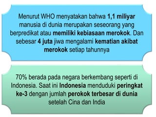 Menurut WHO menyatakan bahwa 1,1 miliyar
manusia di dunia merupakan seseorang yang
berpredikat atau memiliki kebiasaan merokok. Dan
sebesar 4 juta jiwa mengalami kematian akibat
merokok setiap tahunnya
70% berada pada negara berkembang seperti di
Indonesia. Saat ini Indonesia menduduki peringkat
ke-3 dengan jumlah perokok terbesar di dunia
setelah Cina dan India
 