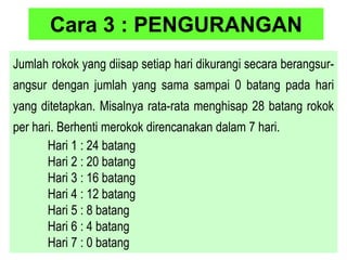 Cara 3 : PENGURANGAN
Jumlah rokok yang diisap setiap hari dikurangi secara berangsur-
angsur dengan jumlah yang sama sampai 0 batang pada hari
yang ditetapkan. Misalnya rata-rata menghisap 28 batang rokok
per hari. Berhenti merokok direncanakan dalam 7 hari.
Hari 1 : 24 batang
Hari 2 : 20 batang
Hari 3 : 16 batang
Hari 4 : 12 batang
Hari 5 : 8 batang
Hari 6 : 4 batang
Hari 7 : 0 batang
 