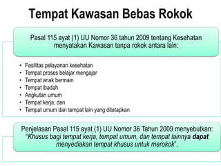 Tempat Kawasan Bebas Rokok
• Fasilitas pelayanan kesehatan
• Tempat proses belajar mengajar
• Tempat anak bermain
• Tempat ibadah
• Angkutan umum
• Tempat kerja, dan
• Tempat umum dan tempat lain yang ditetapkan
Pasal 115 ayat (1) UU Nomor 36 tahun 2009 tentang Kesehatan
menyatakan Kawasan tanpa rokok antara lain:
Penjelasan Pasal 115 ayat (1) UU Nomor 36 Tahun 2009 menyebutkan:
“Khusus bagi tempat kerja, tempat umum, dan tempat lainnya dapat
menyediakan tempat khusus untuk merokok”.
 