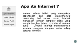Internet adalah istilah yang merupakan
kependekan dari kata interconnected
networking. Jadi secara umum, internet
merupakan jaringan komputer global yang
menghubungkan jutaan komputer di seluruh
dunia . Dimana internet memungkinkan
sesama pengguna komputer untuk saling
bertukar informasi
Apa itu Internet?
Fungsi internet
Dampak Positif
Dampak negatif
 