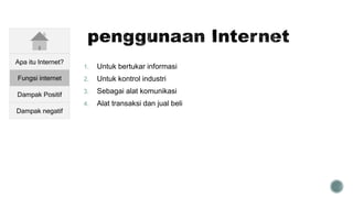 1. Untuk bertukar informasi
2. Untuk kontrol industri
3. Sebagai alat komunikasi
4. Alat transaksi dan jual beli
Apa itu Internet?
Fungsi internet
Dampak Positif
Dampak negatif
 