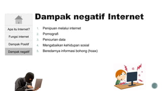 1. Penipuan melalui internet
2. Pornografi
3. Pencurian data
4. Mengabaikan kehidupan sosial
5. Beredarnya informasi bohong (hoax)
Apa itu Internet?
Fungsi internet
Dampak Positif
Dampak negatif
 