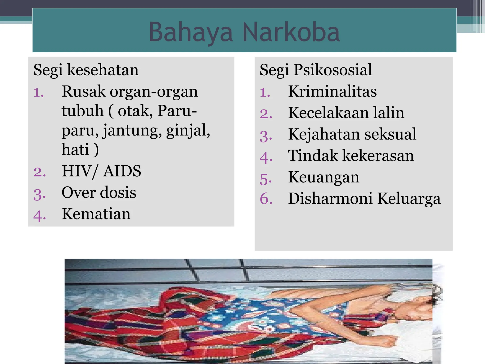 Bahaya Narkoba
Segi kesehatan
1. Rusak organ-organ
tubuh ( otak, Paru-
paru, jantung, ginjal,
hati )
2. HIV/ AIDS
3. Over dosis
4. Kematian
Segi Psikososial
1. Kriminalitas
2. Kecelakaan lalin
3. Kejahatan seksual
4. Tindak kekerasan
5. Keuangan
6. Disharmoni Keluarga
 