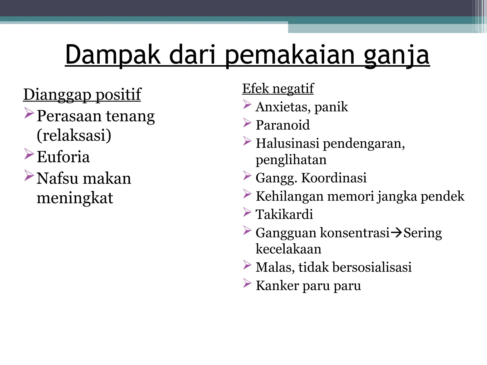 Dampak dari pemakaian ganja
Dianggap positif
Perasaan tenang
(relaksasi)
Euforia
Nafsu makan
meningkat
Efek negatif
 Anxietas, panik
 Paranoid
 Halusinasi pendengaran,
penglihatan
 Gangg. Koordinasi
 Kehilangan memori jangka pendek
 Takikardi
 Gangguan konsentrasiSering
kecelakaan
 Malas, tidak bersosialisasi
 Kanker paru paru
 