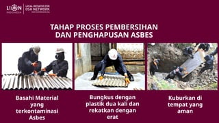 Basahi Material
yang
terkontaminasi
Asbes
Bungkus dengan
plastik dua kali dan
rekatkan dengan
erat
Kuburkan di
tempat yang
aman
TAHAP PROSES PEMBERSIHAN
DAN PENGHAPUSAN ASBES
 