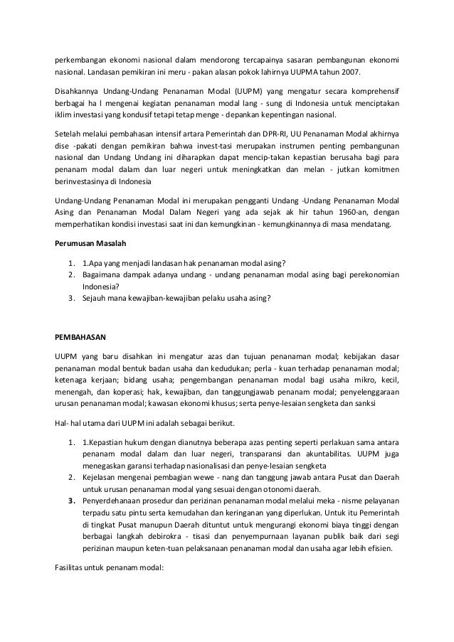 Dampak Perundang Undangan Penanaman Modal Perekonomian