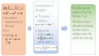 Case B: c2 -4kM = 0
• 𝑏!
− 𝑎!
= 0
• the resistance
balances the force of
the spring.
• b=a
• Roots= 𝑟" =
𝑟! = −𝑎 =
− 𝑏
General solution of
the system:
• The general
solution is
• Applying intital
conditions 𝑥 0 =
0,
"#
"$
(0) = 0 the
particular solution is
•
This differs from the
situation in Case A by
the factor (1 +at).
That factor of course
attenuates the damping,
but there is still no
oscillatory motion. We
call this the critical case.
