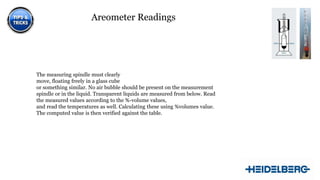 Areometer Readings

The measuring spindle must clearly
move, floating freely in a glass cube
or something similar. No air bubble should be present on the measurement
spindle or in the liquid. Transparent liquids are measured from below. Read
the measured values according to the %-volume values,
and read the temperatures as well. Calculating these using %volumes value.
The computed value is then verified against the table.

13

 