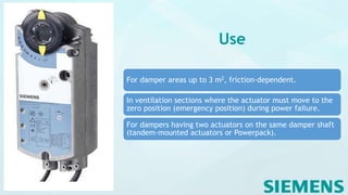 Use
For damper areas up to 3 m2, friction-dependent.
In ventilation sections where the actuator must move to the
zero position (emergency position) during power failure.
For dampers having two actuators on the same damper shaft
(tandem-mounted actuators or Powerpack).
 