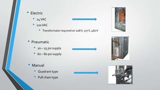 • Electric
• 24VAC
• 120VAC
• Transformator required on 208V, 277V, 460V
• Pneumatic
• 20 – 25 psi supply
• 60 – 80 psi supply
• Manual
• Quadrant type
• Pull chain type
 