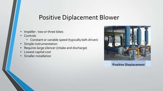 Positive Diplacement Blower
• Impeller : two or three lobes
• Controls
• Constant or variable speed (typically belt-driven)
• Simple instrumentation
• Requires large silencer (intake and discharge)
• Lowest capital cost
• Smaller installation
 
