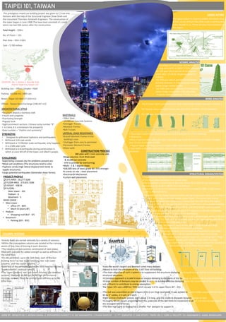 This prestigious mixed use building project was given to C.Y.Lee and
Partners with the help of the Structural Engineer Shaw Shieh and
the Consultant Thornton-Tomasetti Engineers. The construction of
the tower began in June 1998 (The base level consisted of a mall)
which rea hed 508 meters after the construction.
Total Height – 508m
No. of Floors – 101
Plan Area – 50m X 50m
Cost – $ 700 million
TAIWAN
Building Use – Office Complex + Mall
Parking - 83,000 m2, 1800 cars
Retail - Taipei 101 Mall (77,033 m2)
Offices - Taiwan Stock Exchange (198,347 m2)
LOCATION : No. 7, Section 5, Xinyi Rd, Xinyi
District Taipei City, Taiwan 110
ARCHITECTURAL STYLE
•Structure depicts a bamboo stalk
• Youth and Longevity
•Everlasting Strength
•Pagoda Style
•Eight prominent sections Chinese lucky number “8”
• In China, 8 is a homonym for prosperity
•Even number = “rhythm and symmetry”
•Outrigger Trusses
•Moment Frames
•Belt Trusses
LATERAL LOAD RESISTANCE
•Braced Moment Frames in the
building’s core
• Outrigger from core to perimeter
•Perimeter Moment Frames
•Shear walls
CONSTRUCTION PROCESS
380 piles with 3 inch concrete slab.
•Mega columns- 8 cm thick steel
& 10,000 psi concrete
infill to provide for overturning.
•Walls - 5 & 7 degree slope.
•106,000 tons of steel, grade 60- 25% stronger.
•6 cranes on site – steel placement.
•Electrical & Mechanical.
•Curtain wall placement.
STRENGTHS
• Designed to withstand typhoons and earthquakes.
• Withstand 134 mph winds
• Withstand a 7.0 Richter scale earthquake, only happens
in a 2,500 year cycle.
• Withstood a 6.8 earthquake during construction in
which a crane fell off of the tower and killed 5 people.
CHALLENGES
Taipei being a coastal city the problems present are:
•Weak soil conditions (The structures tend to sink).
•Typhoon winds (High lateral displacement tends to
topple structures).
•Large potential earthquakes (Generates shear forces).
LOADS ACTING
WIND ANALYSIS
• For 0.5 year return period of wind: floor acceleration without damper=7cm/sec 2
• For 50 year return period of wind: max story drift =0.499% ＜0.5% allowable
• For 100 year return period of wind: max member stress ratio ＜1.00 max story drift=0.57%
SEISMIC ANALYSIS
Under envelope of Code shear and dynamic
shear: max story drift =0.325% ＜0.5% allowable
• For 100 year return period of earthquake:
stress ratio ＜1.00 by response spectrum
analysis
• For 950 year return period of earthquake:
ductility demand <2.5 by pushover method;
plastic hinge rotatio=0.25%
• For 2500 year return period of earthquake:
plastic hinge rotatio=4% ＜4% allowable
• If plastic rotation demand ＞0.5%, cut girder
WIND FORCES
• Skyscrapers experience alternating cross wind forces due to vortex shedding.
• Resonance
•Here a typhoon with 100 years return period brings winds of 43.3m/sec (97 mph), averaged
over 10 min at a height of 10M.
• Square tower with sharp corners creates large cross wind excitation.
• Saw tooth or double notch corner with 2.5m notches achieved dramatic reduction in cross wind
excitation.
STRUCTURAL DESIGN/SYSTEM
•These features combine with the solidity of its foundation to make Taipei 101 one
of the most stable buildings ever constructed.
•The foundation is reinforced by 380 piles driven 80 m (262 ft) into the ground,
extending as far as 30 m (98 ft) into the bedrock.
•Each pile is 1.5 m (5 ft) in diameter and can bear a load of 1,000– 1,320 tonnes
(1,100–1,460 short tons).
PROJECT PROFILE
❑ SITE AREA : 30,277 SQM
❑ FLOOR AREA : 373,831 SQM
❑ HEIGHT : 508 M
❑ FLOORS :
Main tower - 101
Podium - 6
Basement - 5
MAIN USAGE :
• Main tower -
• office (7F - 84F)
• Mech lvl (every 8F)
• Podium -
• Shopping mall (B1F - 5F)
• Basement -
• Parking (B2F - B5F)
The stability of the design became evident during construction when, on 31 March
2002, a 6.8-magnitude earthquake rocked Taipei. The tremor was strong
enough to topple two construction cranes from the 56th floor, the highest
floor at the time. Five people died in the accident, but an inspection showed
no structural damage to the building, and construction soon resumed.
Taipei 101 is designed to withstand the typhoon winds and earthquake
tremors common in its area of the Asia-Pacific.
Planners aimed for a structure that could withstand gale winds of 60 m/s
(197 ft/s, 216 km/h or 134 mph) and the strongest earthquakes likely
to occur in a 2,500 year cycle.
Since, Skyscrapers must remain rigid enough to prevent large
sideways movement and structural damage.
The design achieves both strength and flexibility for the tower
through the use of high-performance steel construction.
Thirty-six columns support Taipei 101, including eight "mega-
columns" packed with 10,000 psi (69 MPa) concrete.
Every eight floors, outrigger trusses connect the columns in
the building's core to those on the exterior.
TAIPEI 101, TAIWAN
COLUMN SYSTEMS
•Gravity loads are carried vertically by a variety of columns.
•Within the core, sixteen columns are located at the crossing
points of four lines of bracing in each direction.
•The columns are box sections constructed of steel plates,
filled with concrete for added strength as well as stiffness till
the 62nd floor.
•On the perimeter, up to the 26th floor, each of the four
building faces has two ‘super columns,’ two ‘sub-super-
columns,’ and two corner columns.
•Each face of the perimeter above the 26th floor has the two
‘super-columns’ continue upward.
•The ‘super-columns’ and ‘sub-super- columns’ are steel box
sections, filled with 10,000 psi (M70) high performance
concrete on lower floors for strength and stiffness up to the
62nd floor.
•Uses the world’s largest and heaviest tuned mass damper.
•Meant to limit the vibrations of the 1,667-foot tall building.
•The main objective of such a system is to supplement the structures damping to dissipate energy and to control undesired
structural vibrations.
•A common approach is to add friction or viscous damping to the joints of the buildings to stabilize the structural vibration.
•A large number of dampers may be needed in order to achieve effective damping when the movements of the joints are
not sufficient to contribute to energy absorption.
The Taipei 101 uses a 800 ton TMD which occupy 5 of its upper floors (87 – 91).
•The ball was assembled on site in layers of 12.5-cm-thick steel plate. It was welded to a steel cradle suspended from level
92 by 3” cables, in 4 sets of 2 each.
•Eight primary hydraulic pistons, each about 2 m long, grip the cradle to dissipate dynamic energy as heat.
•A roughly 60-cm-dia pin projecting from the underside of the ball limits its movement to about 1 m even during times of
the strongest lateral forces.
•The 60m high spire at the top has 2 smaller ‘flat’ dampers to support it.
DAMPERS
MATERIALS
• 60ksi Steel
• 10,000 psi Concrete Systems
DONE BY : RIFQUTH SB || AYESHA ZAHRA || MOHAMMED AHMED || R. SAI YASHWANTH || IFHAM NADEEM || 7TH SEMESTER || CASE STUDY – TAIPEI 101 || EQRS || FACULTY : En. YASHAWINI || AAAD, BANGALORE
The region where it is built straddles the Pacific Ring
of Fire, an arc of fault lines that erupt in earthquakes
every decade or so. There are also many typhoons in
this region.
 