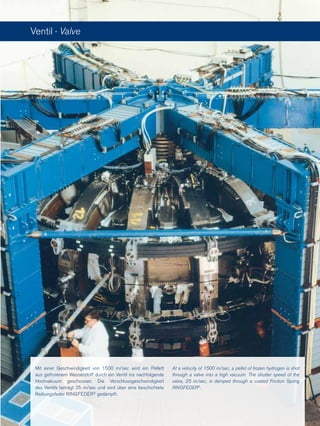 Ventil · Valve
Mit einer Geschwindigkeit von 1500 m/sec wird ein Pellett
aus gefrorenem Wasserstoff durch ein Ventil ins nachfolgende
Hochvakuum geschossen. Die Verschlussgeschwindigkeit
des Ventils beträgt 25 m/sec und wird über eine beschichtete
Reibungsfeder RINGFEDER®
gedämpft.
At a velocity of 1500 m/sec, a pellet of frozen hydrogen is shot
through a valve into a high vacuum. The shutter speed of the
valve, 25 m/sec, is damped through a coated Friction Spring
RINGFEDER®
.
 