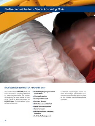 Stoßverzehreinheiten · Shock Absorbing Units
­­­Stoßverzehreinheiten DEFORM plus®
sind
einmal verwendbare Dämp­fungs-Elemente
für hohe Ener­gie­aufnahme. Sie wandeln,
wie ein Airbag, bei einem Aufprall die kine­
tische Energie in Ver­for­mungsarbeit um.
DEFORM plus®
-Einheiten weisen folgen­
de Eigenschaften auf:
•	Hohe Dämpfungseigenschaften
	 (bis zu 95%)
•	Niedrige Investition	
•	Geringer Platzbedarf	
•	Geringes Gewicht	
•	Einfache Austauschbarkeit	
•	Keine Wartung notwendig
•	Keine Korrosion
•	Rechteckförmiges Kraft-Weg-
	Diagramm
•	Individuelle Auslegbarkeit
Ein Element eines Dämpfers besteht aus
einem dickwandigen, zylindrischen, hoch­
wertigen Thermoplast. Bei Belastung faltet
es sich zu einem diskusförmigen Gebilde
zusammen.
STOSSVERZEHREINHEITEN / DEFORM plus®
28
 