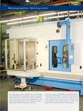 Bei einem Crash nehmen DEFORM plus®
oder Reibungs-
federn RINGFEDER®
als Überlastsicherung präzise die gesamte
kinetische Energie auf und verhindern so enorme Kosten, ver-
ursacht durch externe Monteure und Stillstandszeiten. Keine
anderen Dämpfungssysteme können derartige Energien in
diesen äußerst begrenzten Bauräumen aufnehmen.
Werkzeugmaschine · Machining centre
In cases of crash over run, DEFORM plus®
Damping Elements or
Friction Springs RINGFEDER®
– are used as overload protection
– They will precisely absorb the full kinetic energy and thus
prevent damage and the costs for external service technicians
and downtimes. No other damping systems can absorb such
energies within these extremely limited mounting spaces.
 
