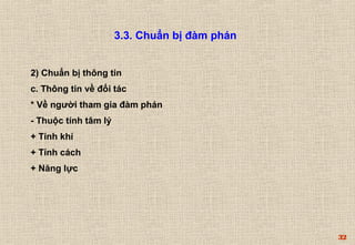 32 
3.3. Chuẩn bị đàm phán 
2) Chuẩn bị thông tin 
c. Thông tin về đối tác 
* Về người tham gia đàm phán 
- Thuộc tính tâm lý 
+ Tính khí 
+ Tính cách 
+ Năng lực 
 