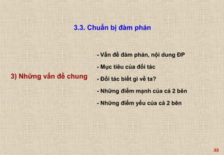 33 
3.3. Chuẩn bị đàm phán 
- Vấn đề đàm phán, nội dung ĐP 
- Mục tiêu của đối tác 
- Đối tác biết gì về ta? 
- Những điểm mạnh của cả 2 bên 
- Những điểm yếu của cả 2 bên 
3) Những vấn đề chung 
 