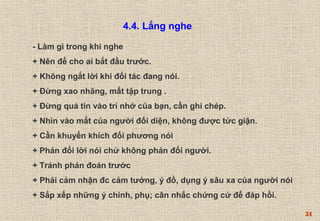 51 
4.4. Lắng nghe 
- Làm gì trong khi nghe 
+ Nên để cho ai bắt đầu trước. 
+ Không ngắt lời khi đối tác đang nói. 
+ Đừng xao nhãng, mất tập trung . 
+ Đừng quá tin vào trí nhớ của bạn, cần ghi chép. 
+ Nhìn vào mắt của người đối diện, không được tức giận. 
+ Cần khuyến khích đối phương nói 
+ Phản đối lời nói chứ không phản đối người. 
+ Tránh phán đoán trước 
+ Phải cảm nhận đc cảm tưởng, ý đồ, dụng ý sâu xa của người nói 
+ Sắp xếp những ý chính, phụ; cân nhắc chứng cứ để đáp hồi. 
 