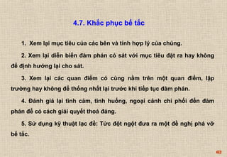 62 
1. Xem lại mục tiêu của các bên và tính hợp lý của chúng. 
2. Xem lại diễn biến đàm phán có sát với mục tiêu đặt ra hay không 
để định hướng lại cho sát. 
3. Xem lại các quan điểm có cùng nằm trên một quan điểm, lập 
trường hay không để thống nhất lại trước khi tiếp tục đàm phán. 
4. Đánh giá lại tình cảm, tình huống, ngoại cảnh chi phối đến đàm 
phán để có cách giải quyết thoả đáng. 
5. Sử dụng kỹ thuật lạc đề: Tức đột ngột đưa ra một đề nghị phá vỡ 
bế tắc. 
4.7. Khắc phục bế tắc 
 