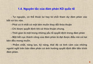 8 
1.4. Nguyên tắc của đàm phán KD quốc tế 
- Tự nguyện, có thể thoái lui hay từ chối tham dự đàm phán vào 
bất cứ lúc nào. 
- Phải có ít nhất có một bên muốn thay đổi thỏa thuận 
- Chỉ được quyết định khi có thỏa thuận chung. 
- Thời gian là một trong những yếu tố quyết định trong đàm phán 
- Một kết cục thành công của đàm phán là đạt được điều mà cả hai 
bên đều mong muốn. 
- Phẩm chất, năng lực, kỹ năng, thái độ và tình cảm của những 
người ngồi trên bàn đàm phán có ảnh hưởng quyết định đến tiến trình 
đàm phán. 
 