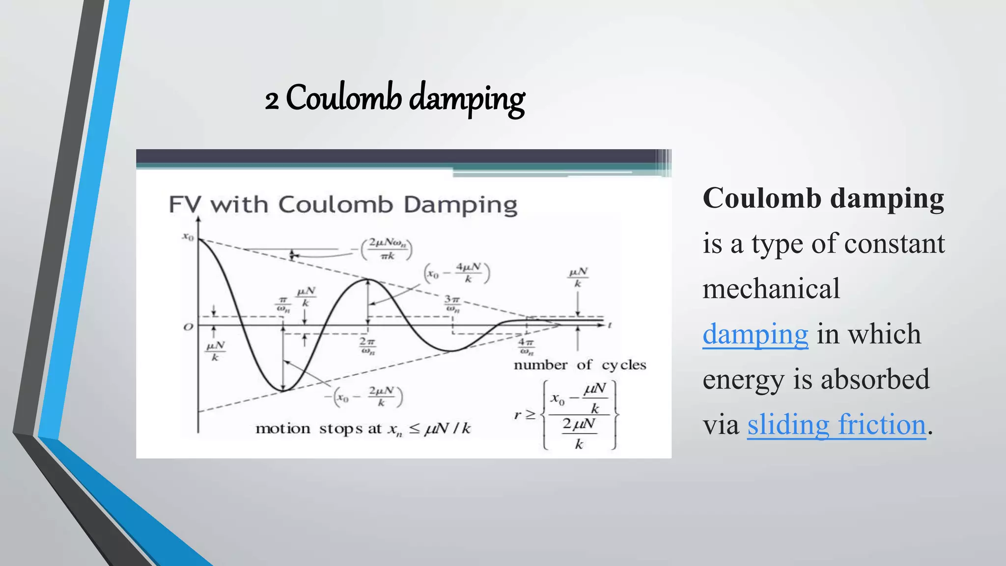 2 Coulomb damping
Coulomb damping
is a type of constant
mechanical
damping in which
energy is absorbed
via sliding friction.
 