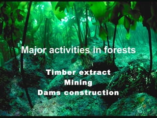 Major activities in forests
Timber extract
Mining
Dams construction
 