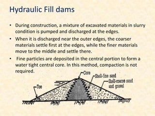 Hydraulic Fill dams
• During construction, a mixture of excavated materials in slurry
  condition is pumped and discharged at the edges.
• When it is discharged near the outer edges, the coarser
  materials settle first at the edges, while the finer materials
  move to the middle and settle there.
• Fine particles are deposited in the central portion to form a
  water tight central core. In this method, compaction is not
  required.
 