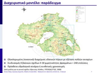 Διαχειριστικό μοντέλο: παράδειγμα
Σπύρος Μίχας, Δημήτρης Δερματάς, Ανδρέας Ευστρατιάδης – Φράγματα και υδραυλικές κατασκευές - Εισαγωγή 7
 Ολοκληρωμένη (ποσοτικά) διαχείριση υδατικών πόρων με εξέταση πολλών σεναρίων
 Συνδυασμός 8 βασικών σχεδίων Χ 30 χωρητικότητες φραγμάτων = 240 επιλύσεις
 Πρόσθετα υδρολογικά σενάρια ή συνθετικές χρονοσειρές
(από μελέτη για το γενικό σχέδιο ύδρευσης Λέσβου, ΥΠΕΧΩΔΕ/ΓΓΔΕ, 2008)
 