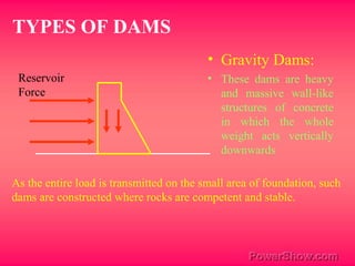 TYPES OF DAMS
• Gravity Dams:
• These dams are heavy
and massive wall-like
structures of concrete
in which the whole
weight acts vertically
downwards
Reservoir
Force
As the entire load is transmitted on the small area of foundation, such
dams are constructed where rocks are competent and stable.
 