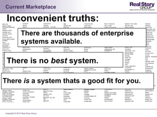 Current Marketplace

 Inconvenient truths:
                There are thousands of enterprise
                systems available.

 There is no best system.

There is a system thats a good fit for you.



Copyright © 2012 Real Story Group
 
