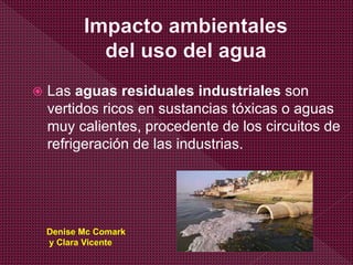  Las aguas residuales industriales son
vertidos ricos en sustancias tóxicas o aguas
muy calientes, procedente de los circuitos de
refrigeración de las industrias.
Denise Mc Comark
y Clara Vicente
 