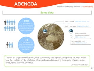 Innovative technology solutions for sustainability
ABENGOA
Some data
There is an urgent need for the global community –both public and private sectors– to join
together to take on the challenge of protecting and improving the quality of water in our
rivers, lakes, aquifers, and taps.
UN-Water, United Nations
1/10
of the world’s
population has no
access to improved
drinking water
2
1/3
of the world’s
population has no
access to improved
sanitation
Earth’s volume: 1,083,207 million km3
Earth’s total water: 1,386 million km3
Earth’s total fresh
water (liquid and solid):
35.0 million km3
Earth’s available fresh
water: 10.6 million km3
 